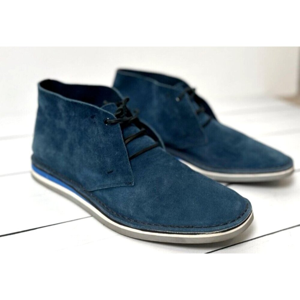 SERGIO ROSSI Men's Blue Suede Round Toe Lace-Up Chukka Boots Size 11